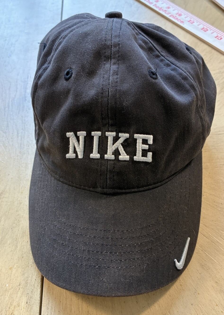 VTG 90s Nike Spell Out Hat Swoosh Black Adjustable Cap Embroidered Gray Tag
